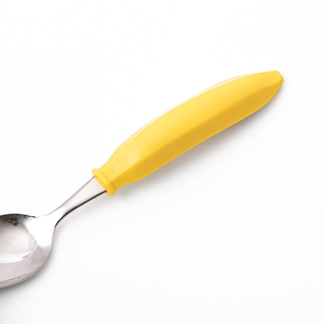 Cute stainless steel banana spoon with bright yellow handle high quality kids dessert spoon for snacks and toddler food