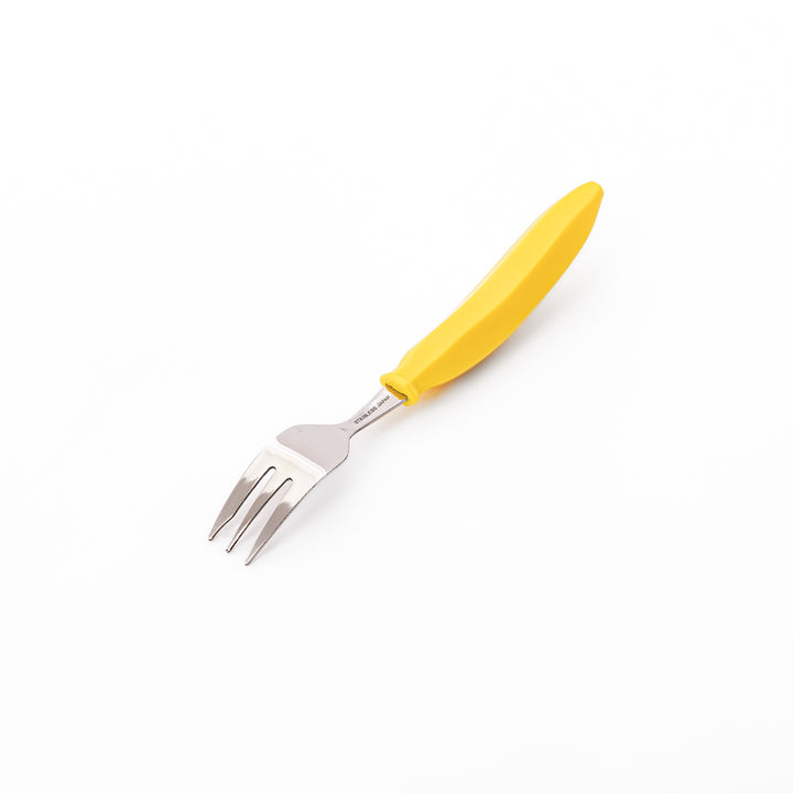 Cute stainless steel banana fork with bright yellow handle high quality kids dessert fork for fruits and toddler food