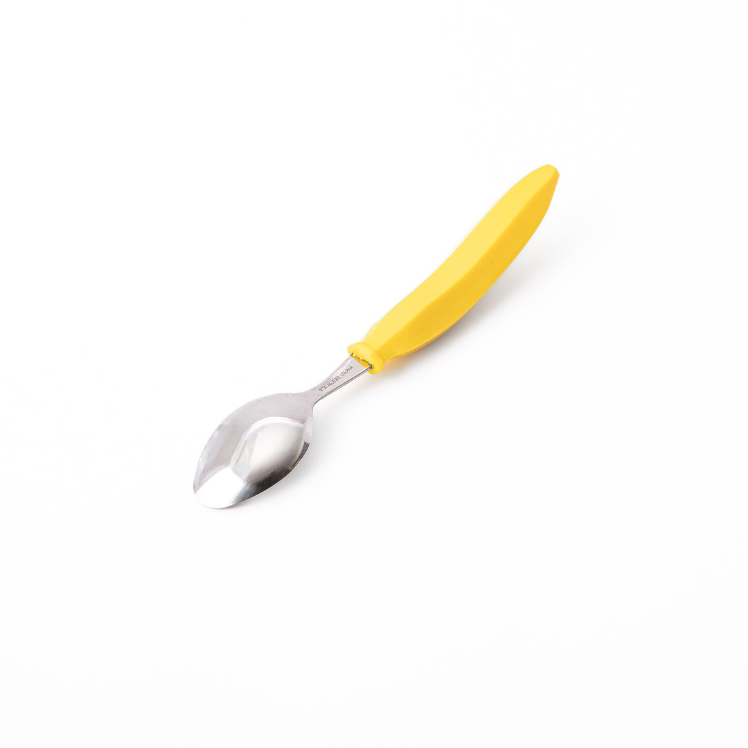 Cute stainless steel banana spoon with bright yellow handle high quality kids dessert spoon for snacks and toddler food