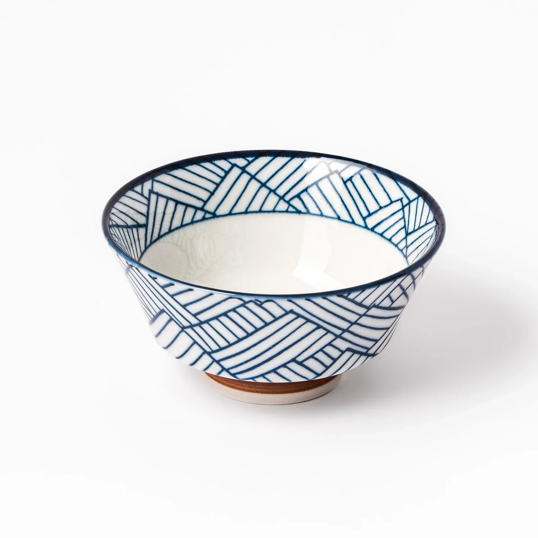 Japanese porcelain rice bowl with indigo basket weave pattern and terracotta base, crafted in traditional style.