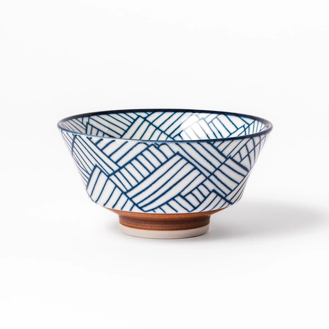 Japanese porcelain rice bowl with indigo basket weave pattern and terracotta base, crafted in traditional style.
