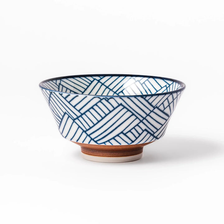 Japanese porcelain rice bowl with indigo basket weave pattern and terracotta base, crafted in traditional style.