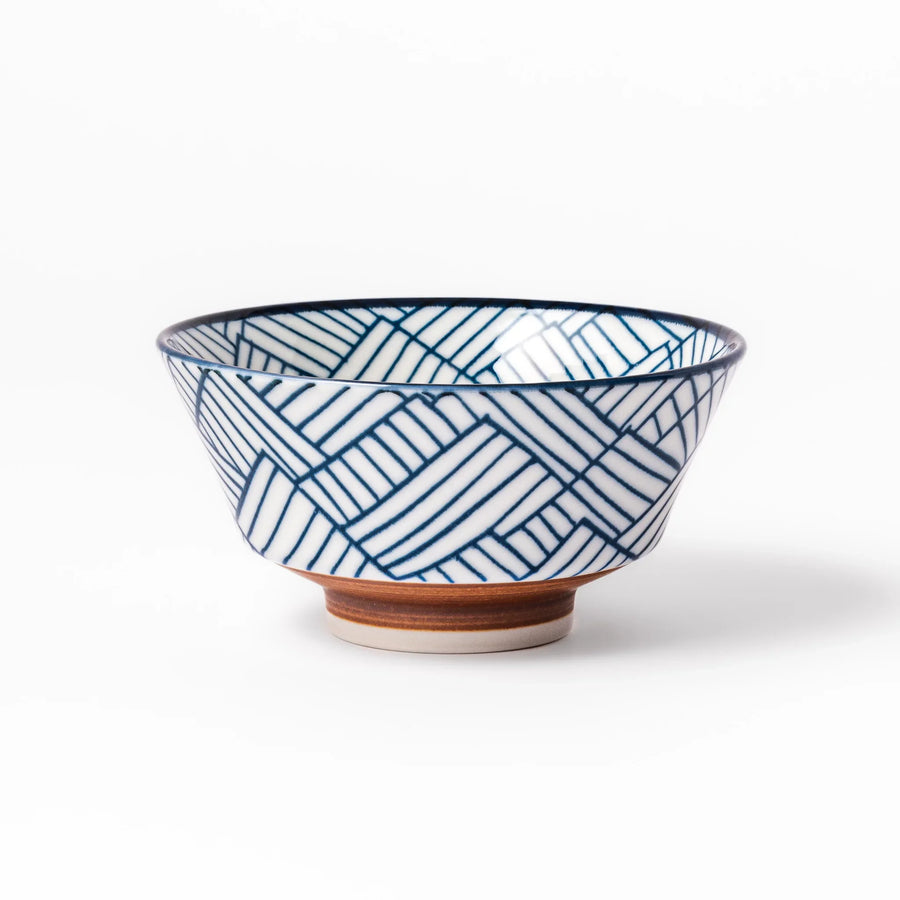 Japanese porcelain rice bowl with indigo basket weave pattern and terracotta base, crafted in traditional style.