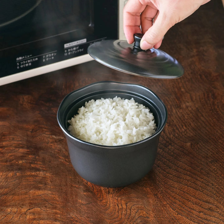 Black Ceramic Floral Ridge Rice Storage Bowl with lid, perfect for storing or serving fluffy rice in elegant Japanese style.