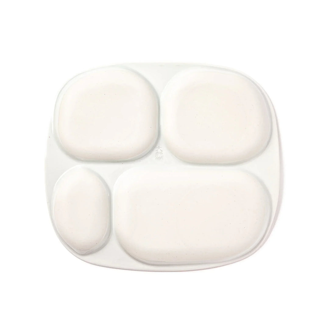 Children’s divided plate with blue and yellow birds, flowers, and notes, designed for fun, easy mealtime organization.