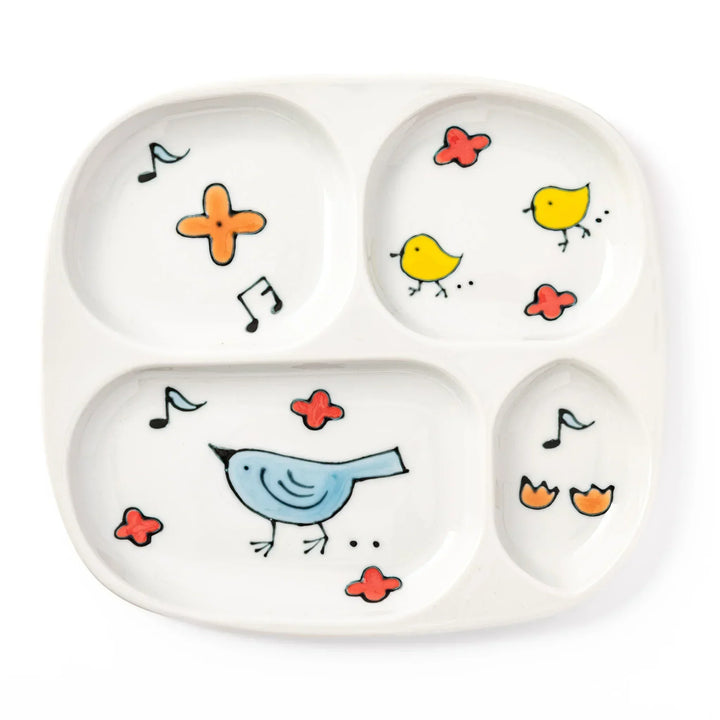 Children’s divided plate with blue and yellow birds, flowers, and notes, designed for fun, easy mealtime organization.