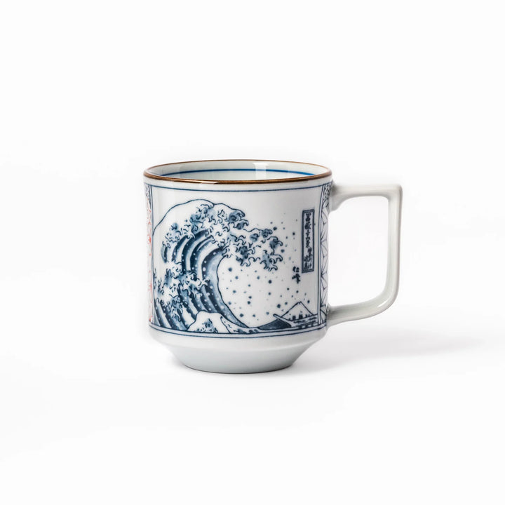 Japanese porcelain mug featuring Hokusai Great Wave and red-blue geometric patterns, crafted with elegant traditional design.