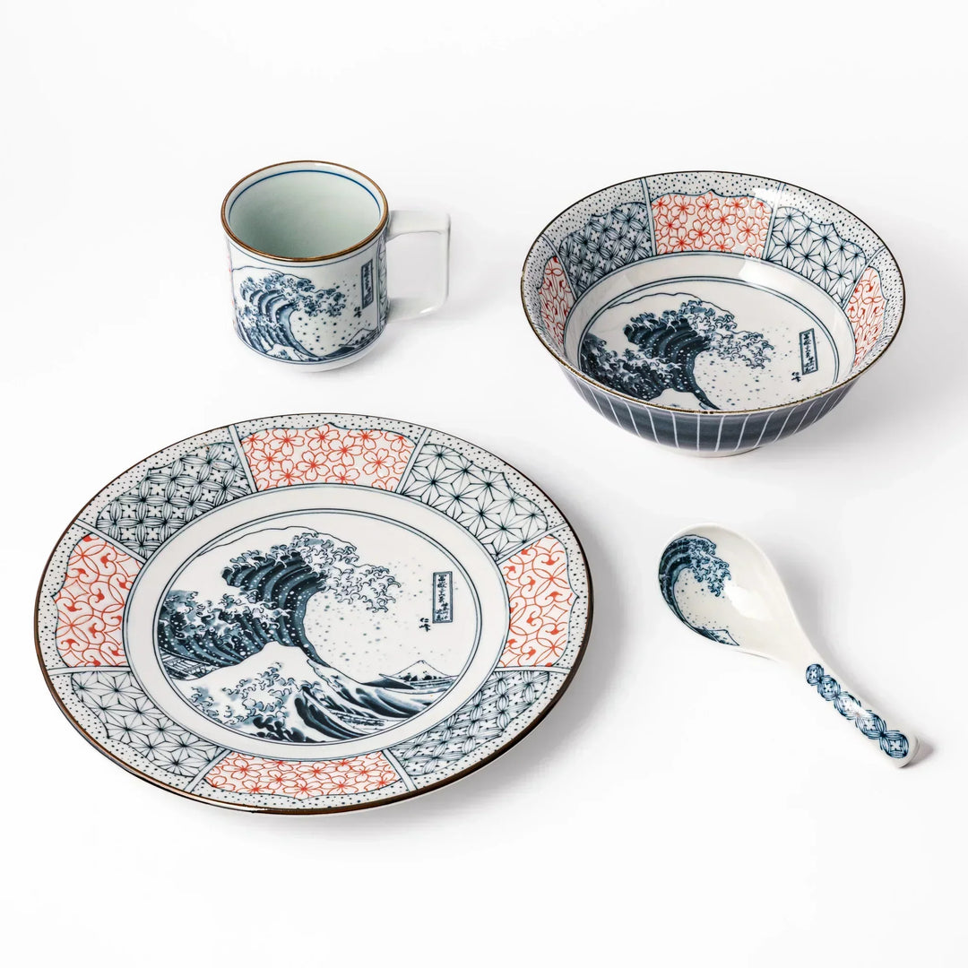 Japanese porcelain tableware set featuring Hokusai Great Wave design with red and blue geometric patterns, elegant finish.