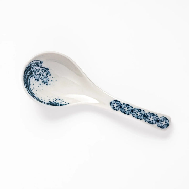 Japanese porcelain ramen spoon featuring Hokusai Great Wave and Mount Fuji design in classic blue and white style.