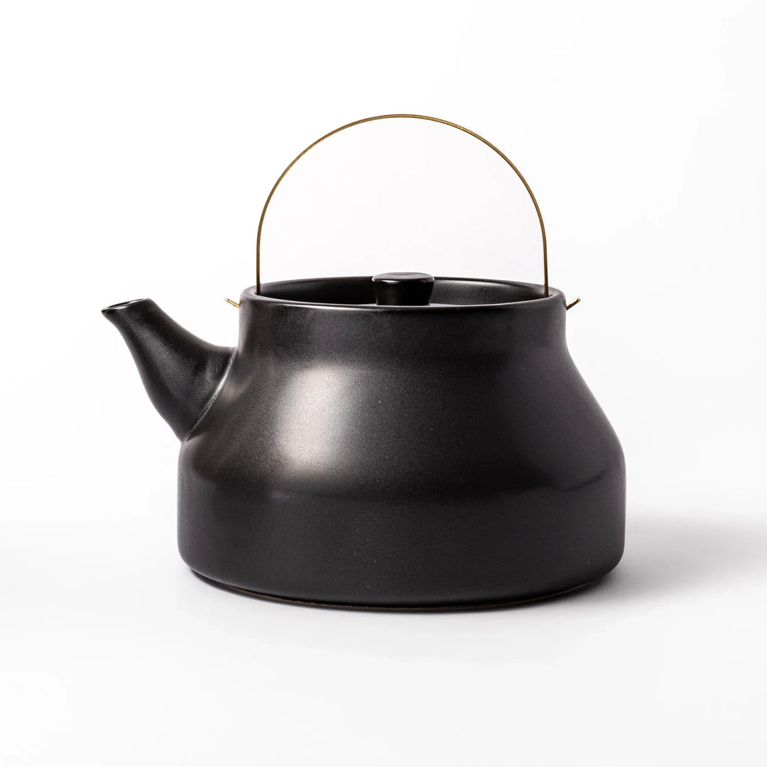 Black Japanese ceramic stovetop kettle with curved shape and brass handle for elegant functional tea time.