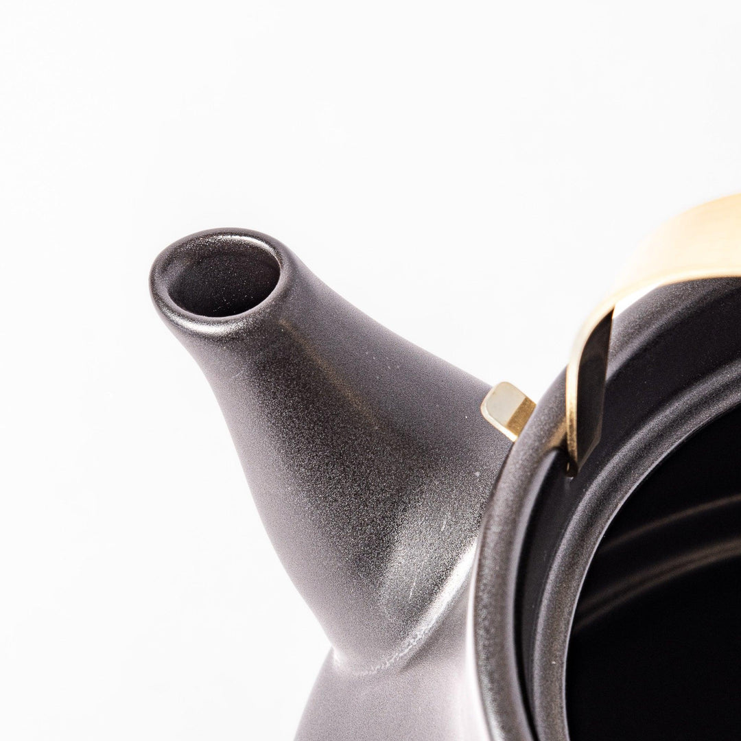 Black Japanese ceramic stovetop kettle with curved shape and brass handle for elegant functional tea time.