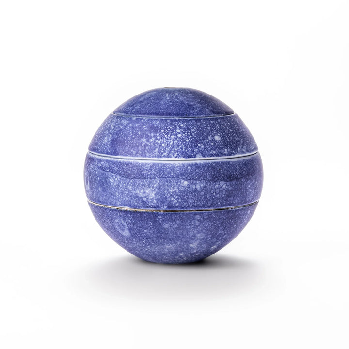 Cosmos blue porcelain moon shaped jubako box with speckled glaze