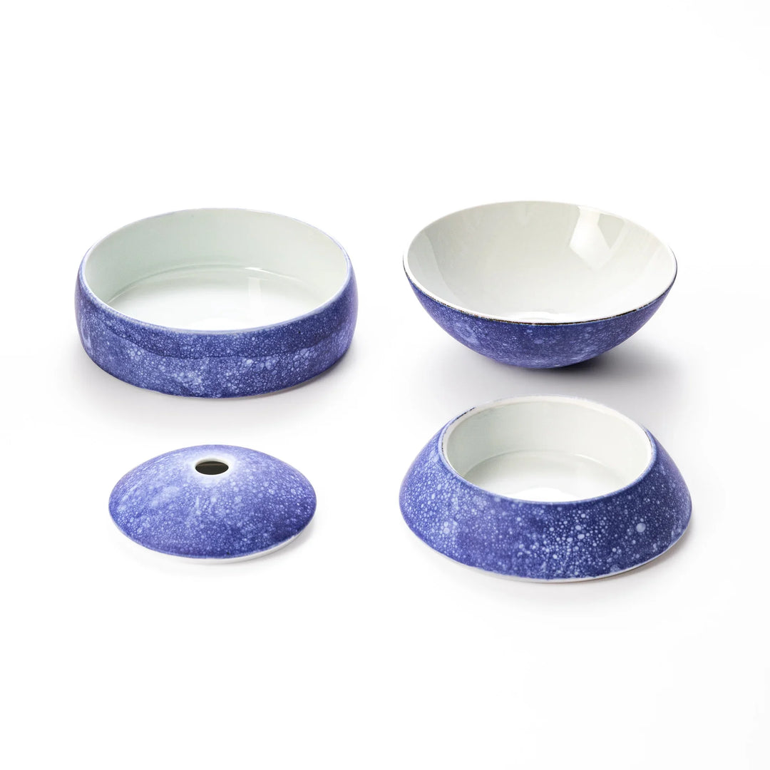 Cosmos blue porcelain moon shaped jubako box with speckled glaze