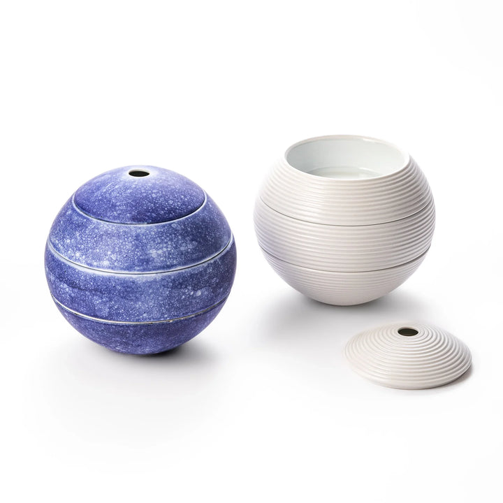 Moon shaped porcelain jubako boxes in cosmos blue and white glaze