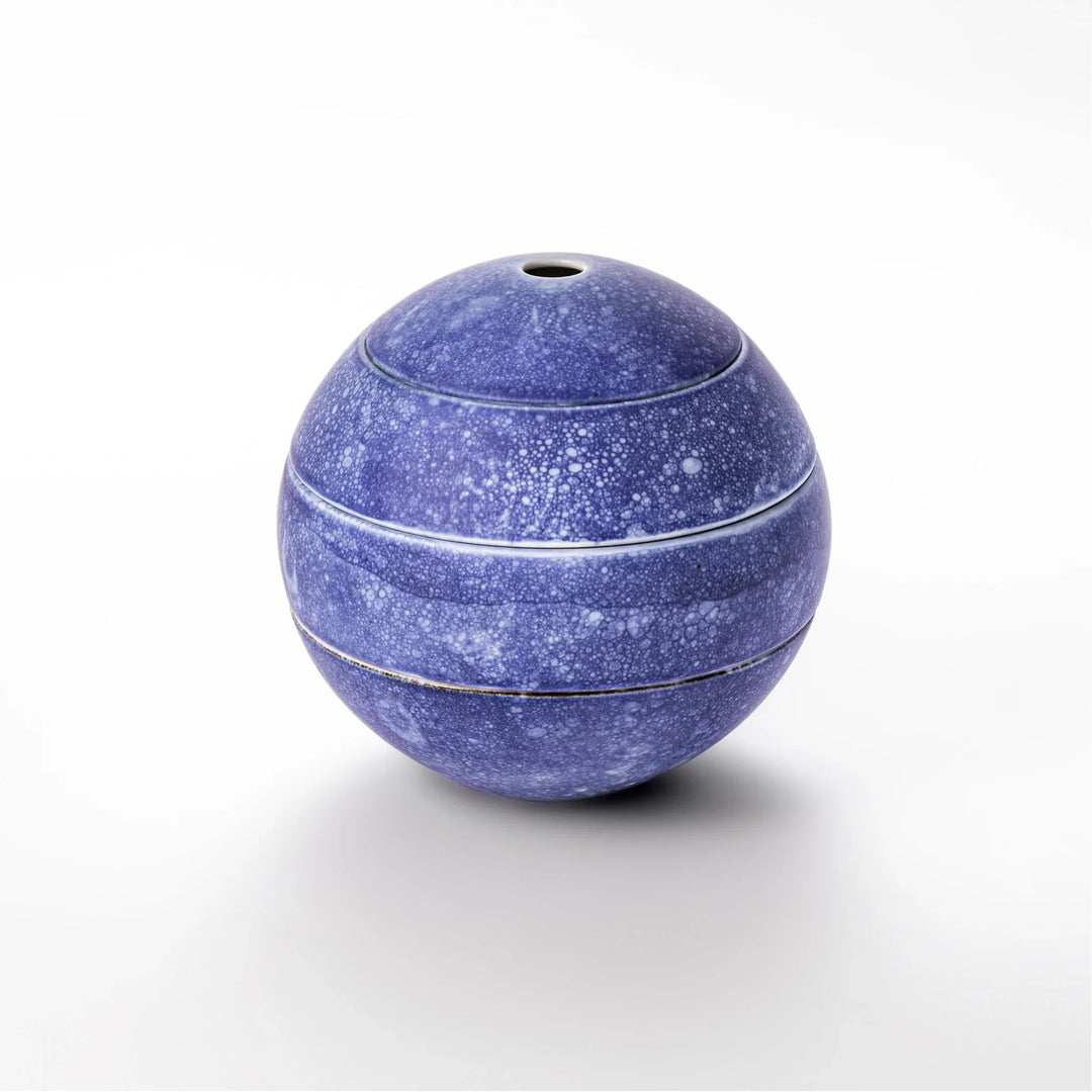 Cosmos blue porcelain moon shaped jubako box with speckled glaze