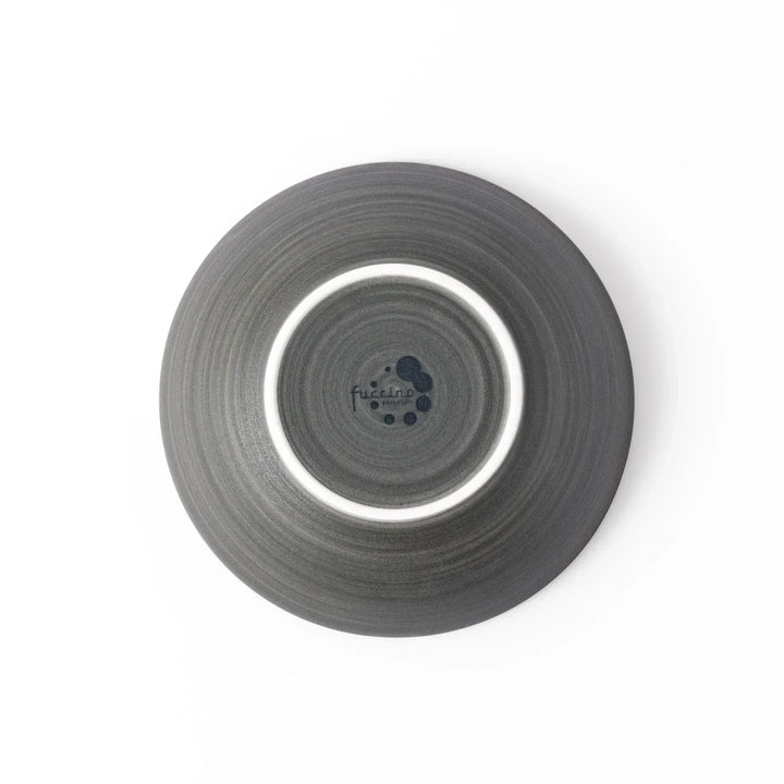 Smooth matte grey ceramic bowl with fine concentric ridges and gently flared rim against a clean white background