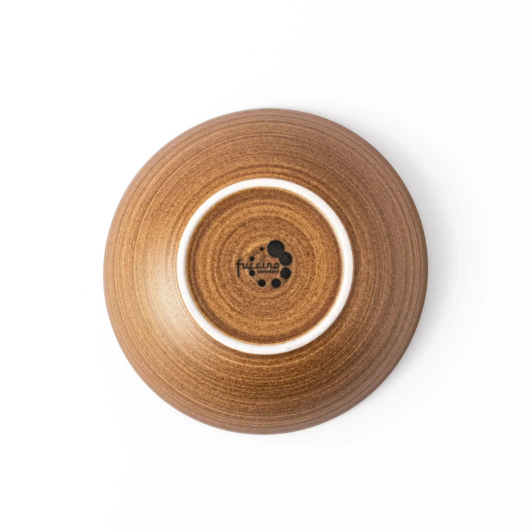 Matte beige ceramic bowl with a warm, woodgrain-like texture and softly curved shape, set against a white background.