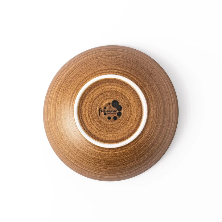 Matte beige ceramic bowl with a warm, woodgrain-like texture and softly curved shape, set against a white background.