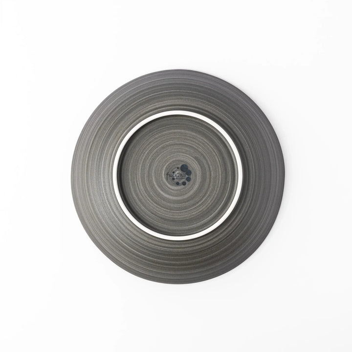 Matte gray salad plate with subtle concentric texture and gently curved sides for a modern Japandi look.