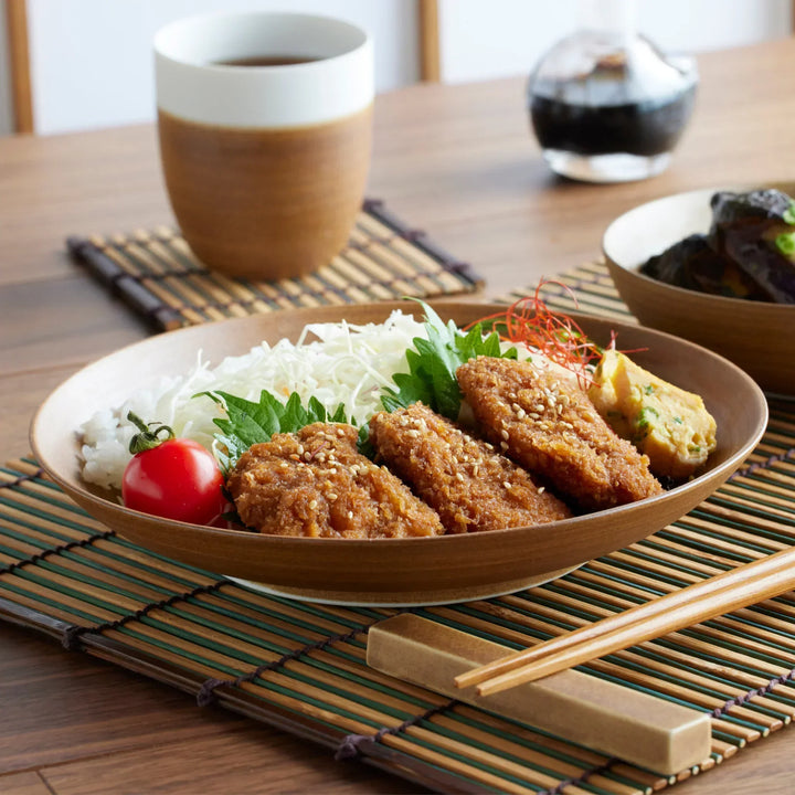 Japandi salad plate in warm earthy tones, ideal for balanced meals and modern presentation.