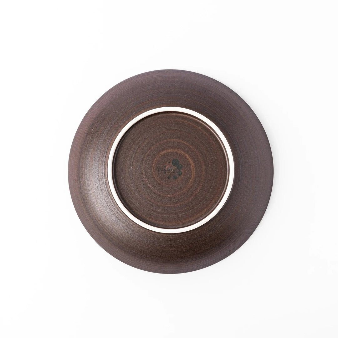 Matte brown ceramic salad plate with subtle swirl lines and a gently raised rim, perfect for modern Japandi table settings.