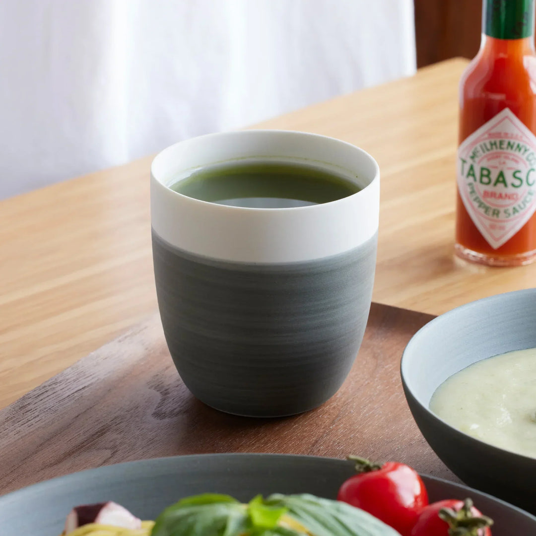 Cozy Japandi Tea Cup with a smooth two-tone design in white and matte gray, perfect for tea, coffee, or daily use.