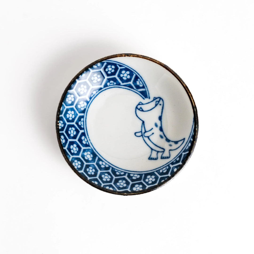 Small dinosaur pattern sauce plate with Japanese geometric motif for a playful dining table accent.