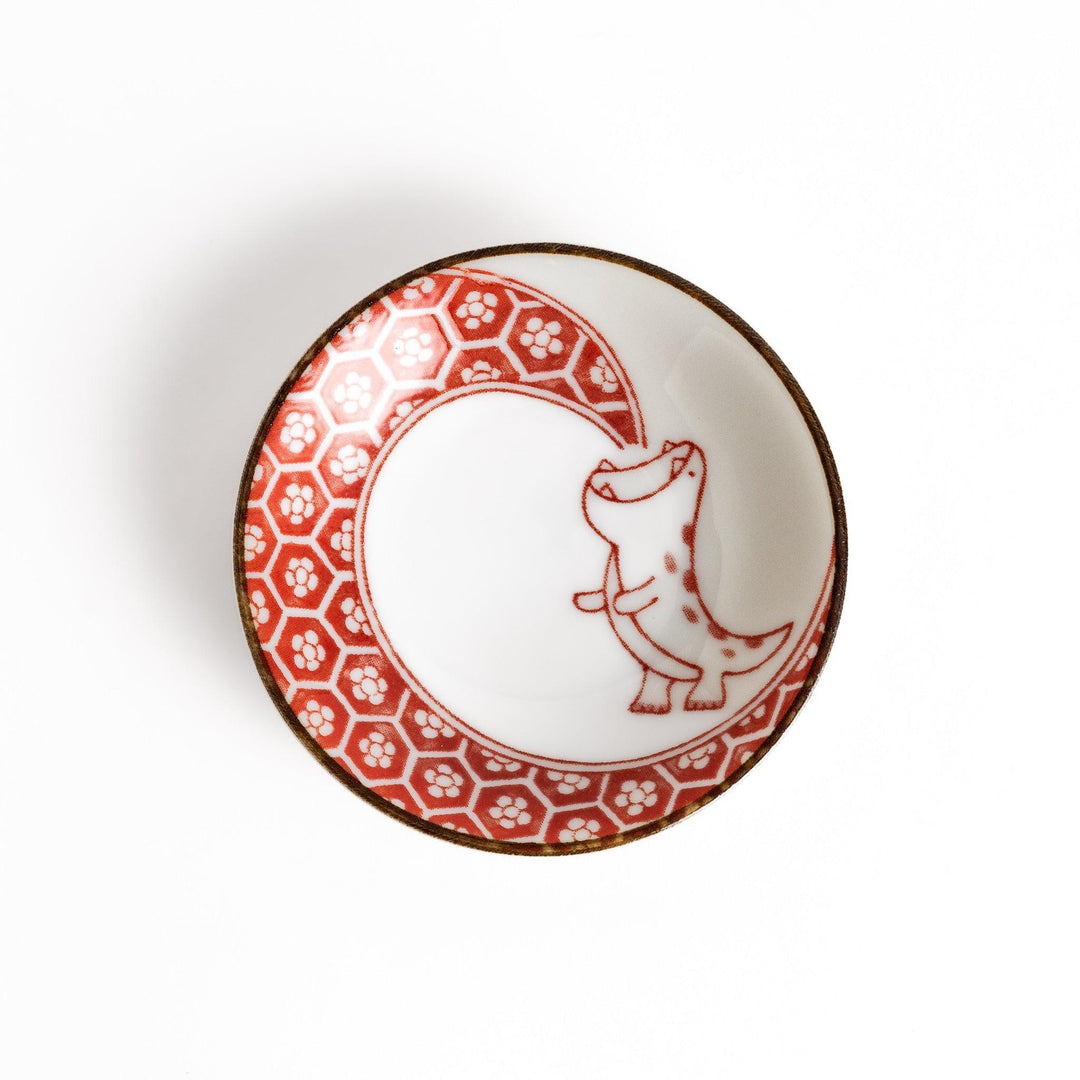 Small dinosaur pattern sauce plate with Japanese geometric motif for a playful dining table accent.