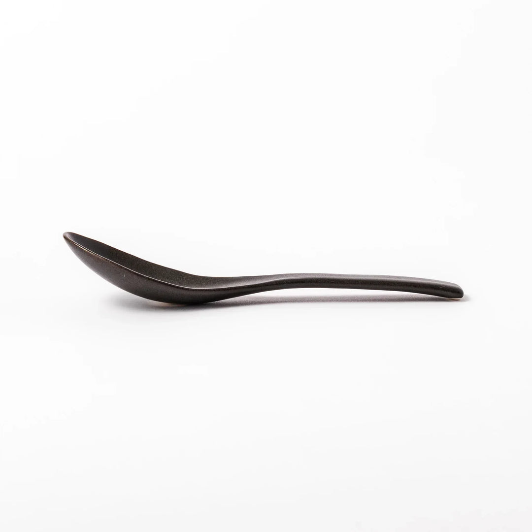 Black Japanese ceramic spoon with smooth rounded bowl and straight handle for serving soup stew or curry.