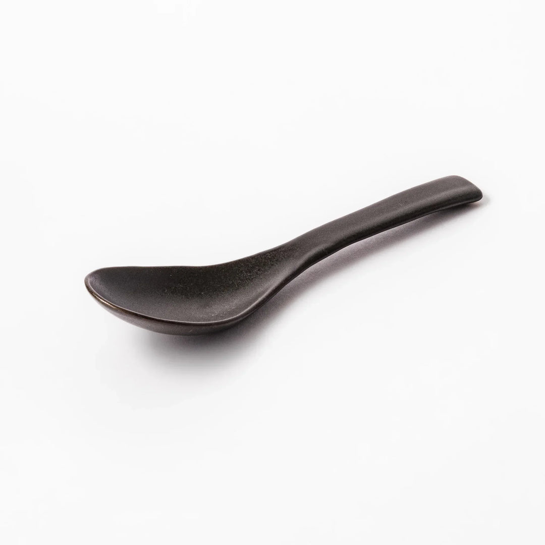 Black Japanese ceramic spoon with smooth rounded bowl and straight handle for serving soup stew or curry.
