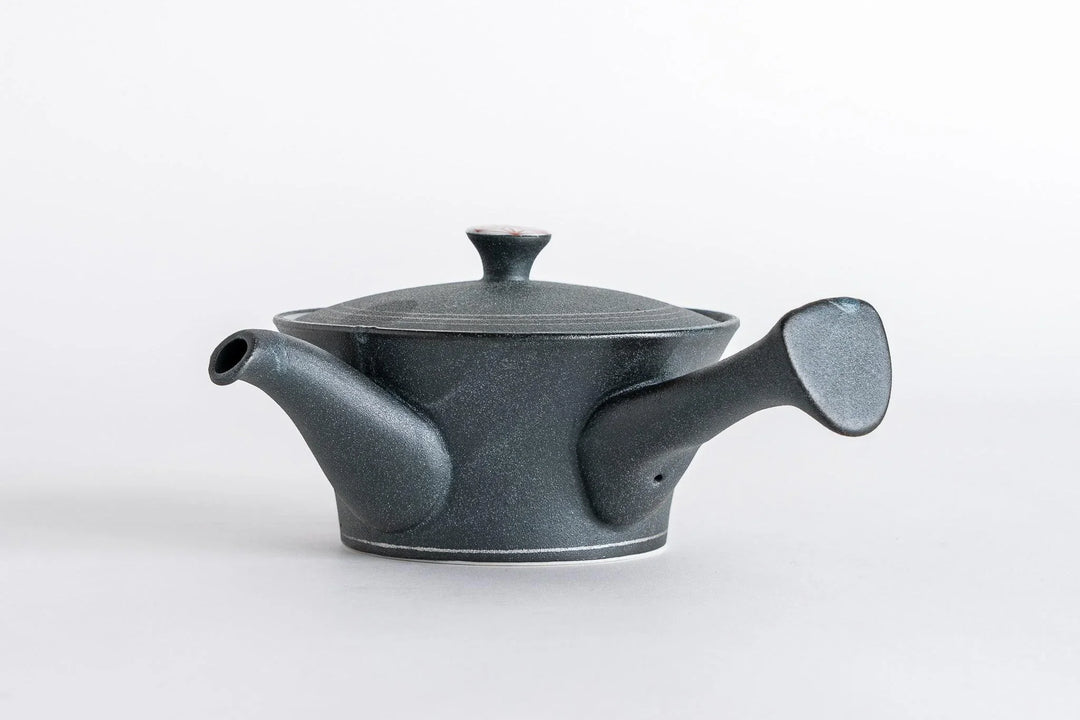 Black ceramic kyusu teapot with side handle and smooth matte finish crafted in a traditional Japanese style