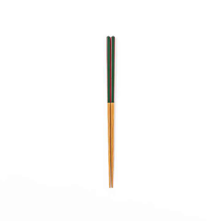 Fine tip Japanese bamboo chopsticks featuring a green handle with red accents and a natural bamboo finish