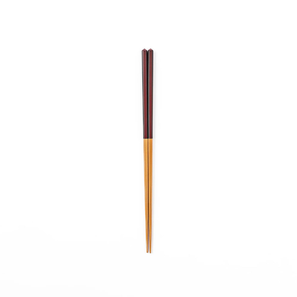 Fine tip Japanese bamboo chopsticks featuring a wine red handle with dark side stripes and a natural bamboo finish