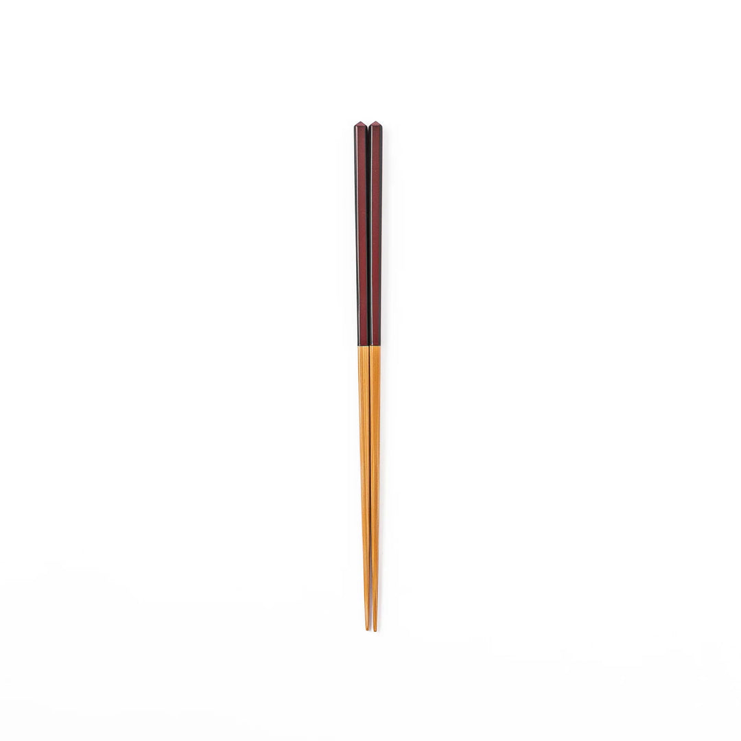 Fine tip Japanese bamboo chopsticks featuring a wine red handle with dark side stripes and a natural bamboo finish