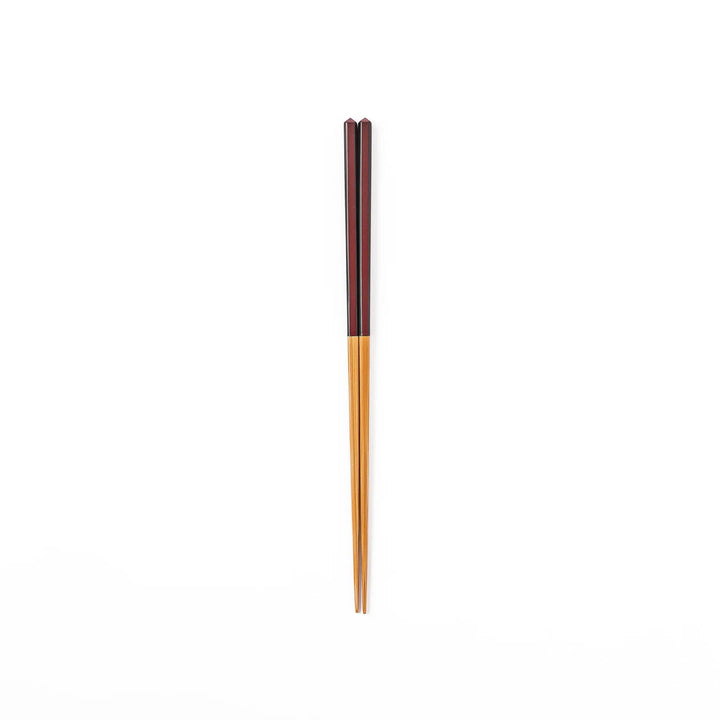 Fine tip Japanese bamboo chopsticks featuring a wine red handle with dark side stripes and a natural bamboo finish