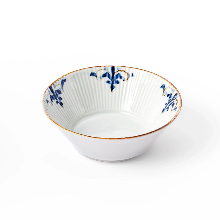 Ridged white bowl with blue floral designs around the inner rim and a brown edge, perfect for cereal, soup, or salad. 