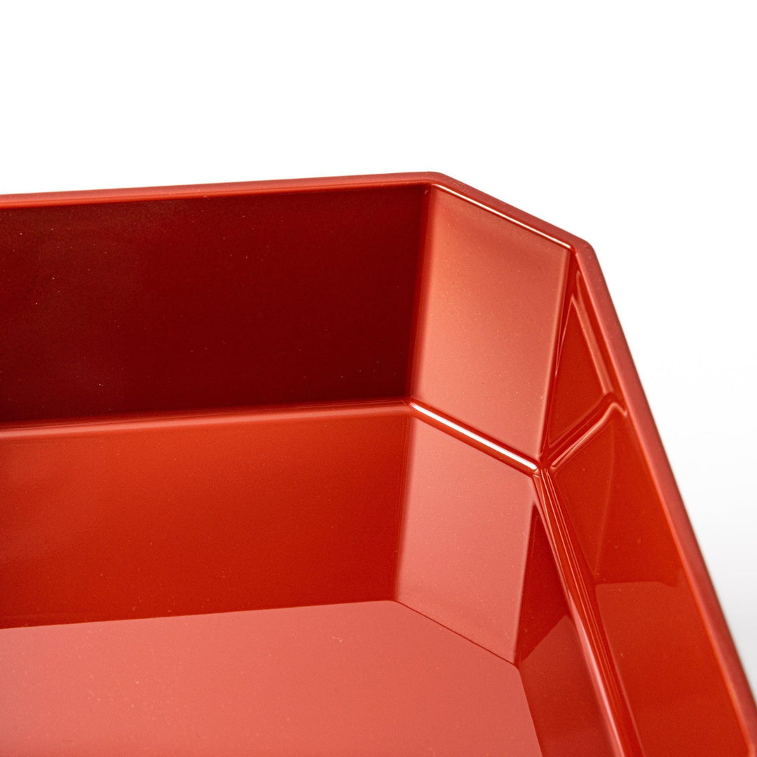 Gold River and Crane Japanese hexagonal jubako box with gold motif on red lacquer for festive food display.