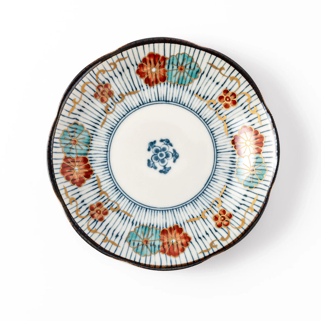 Scalloped Japanese dessert plate with blue stripes red teal and gold floral motifs perfect for small treats.