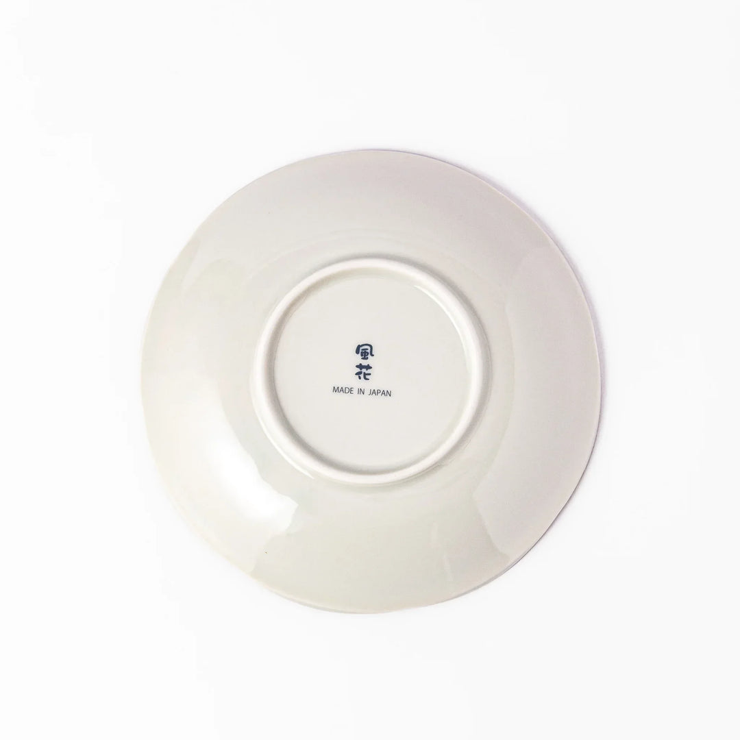 Scalloped Japanese dessert plate with blue stripes red teal and gold floral motifs perfect for small treats.