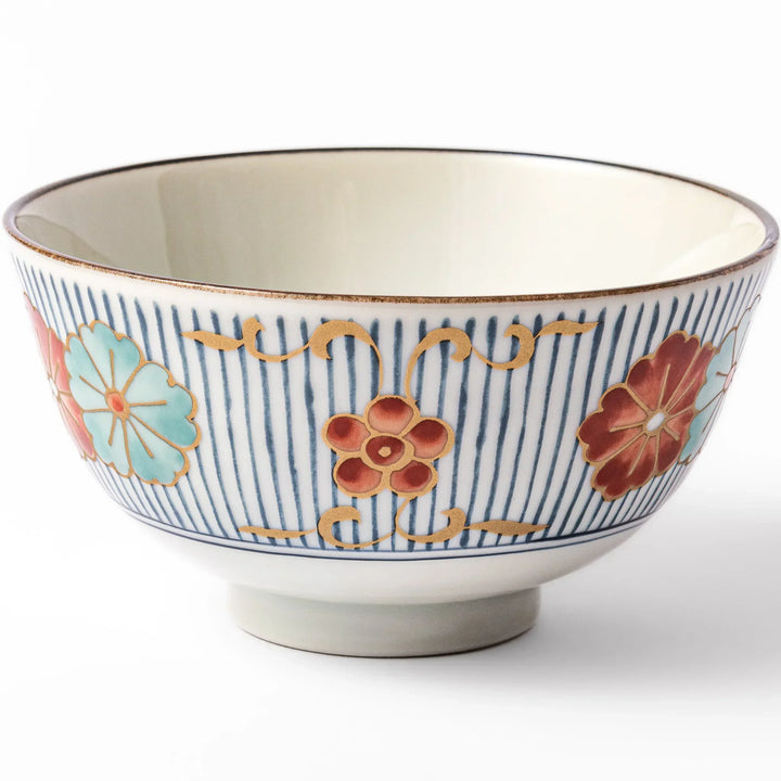 Traditional Japanese rice bowl with blue stripes and red teal and gold floral motifs perfect for bright everyday meals.
