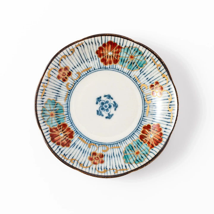 Scalloped Japanese sauce dish with blue stripes and red teal and gold motifs perfect for serving condiments.
