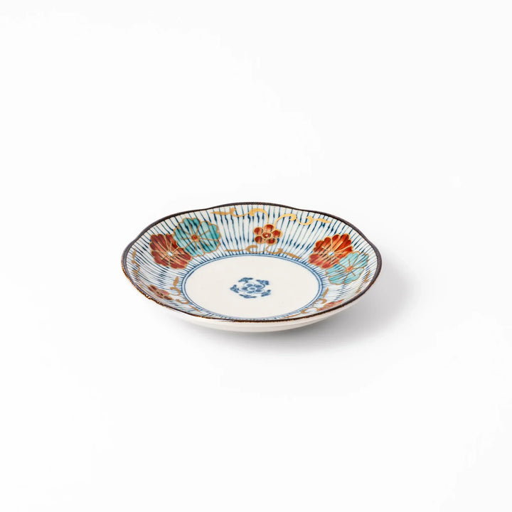 Scalloped Japanese sauce dish with blue stripes and red teal and gold motifs perfect for serving condiments.