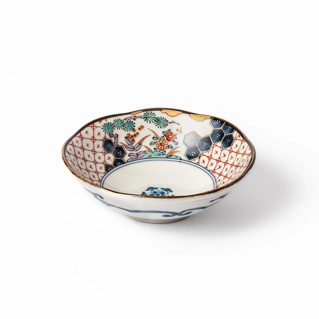 Scalloped Japanese dessert bowl with red lattice navy hexagon and floral designs ideal for sweets or sides.