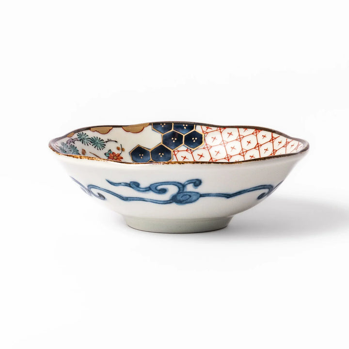 Scalloped Japanese dessert bowl with red lattice navy hexagon and floral designs ideal for sweets or sides.