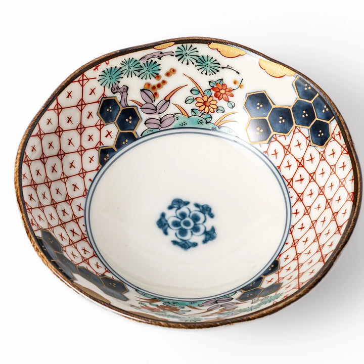 Scalloped Japanese dessert bowl with red lattice navy hexagon and floral designs ideal for sweets or sides.