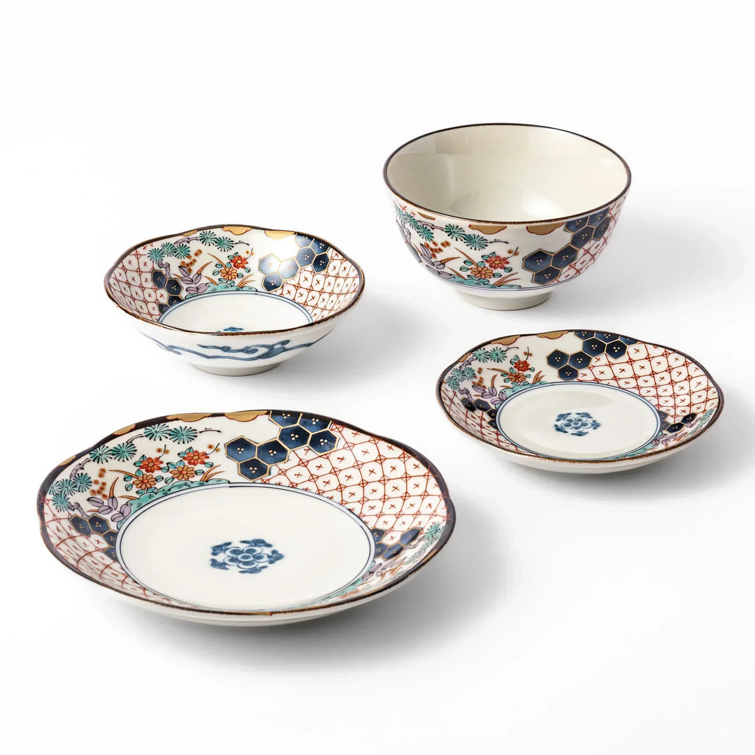 Traditional Japanese tableware set with red lattice navy hexagons and floral motifs perfect for daily dining.