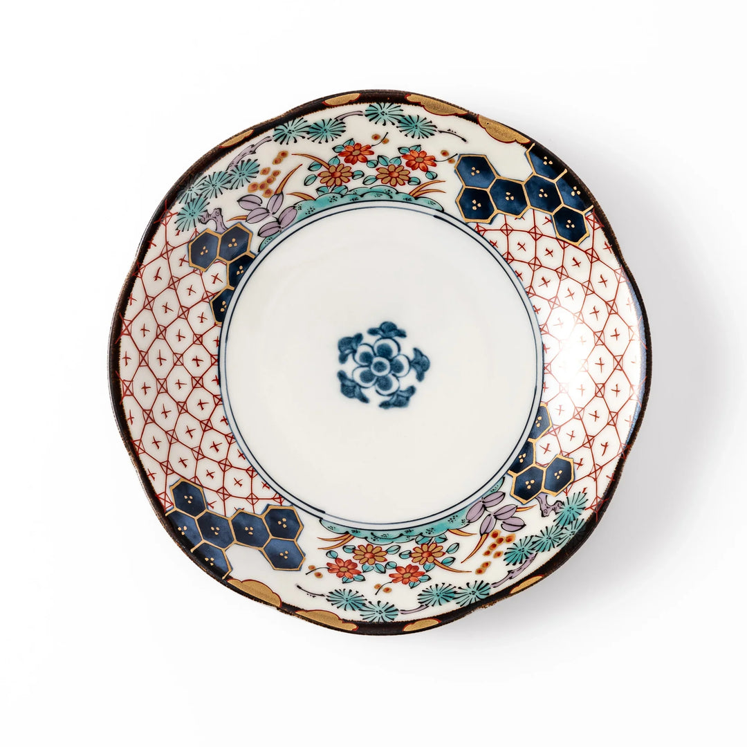 Scalloped Japanese dessert plate with red lattice navy hexagons and floral motifs perfect for elegant dining.