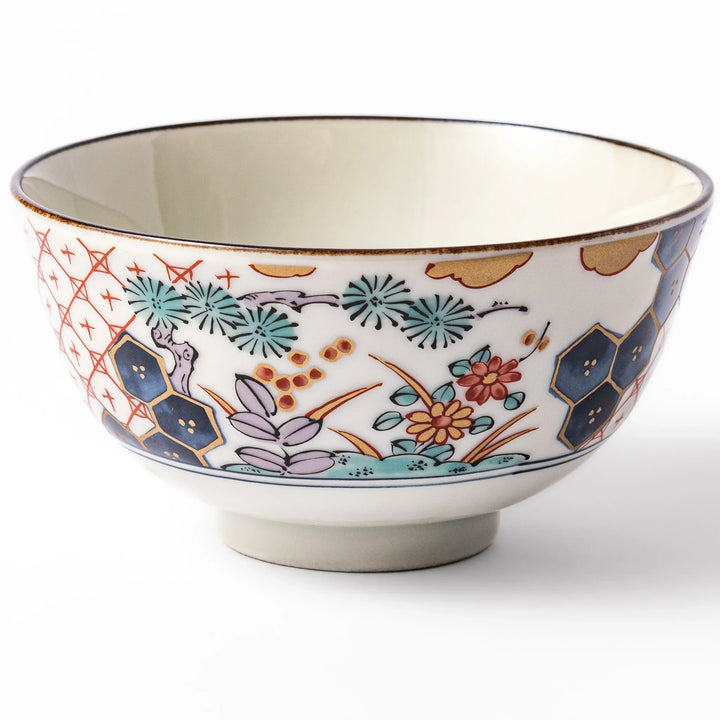 Traditional Japanese rice bowl with red lattice navy hexagons and floral motifs for elegant everyday dining.
