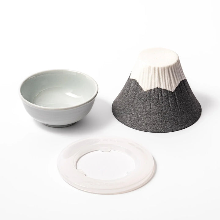 Black Mount Fuji ceramic coffee filter with snowy peak handcrafted in Japan for stylish pour over brewing.