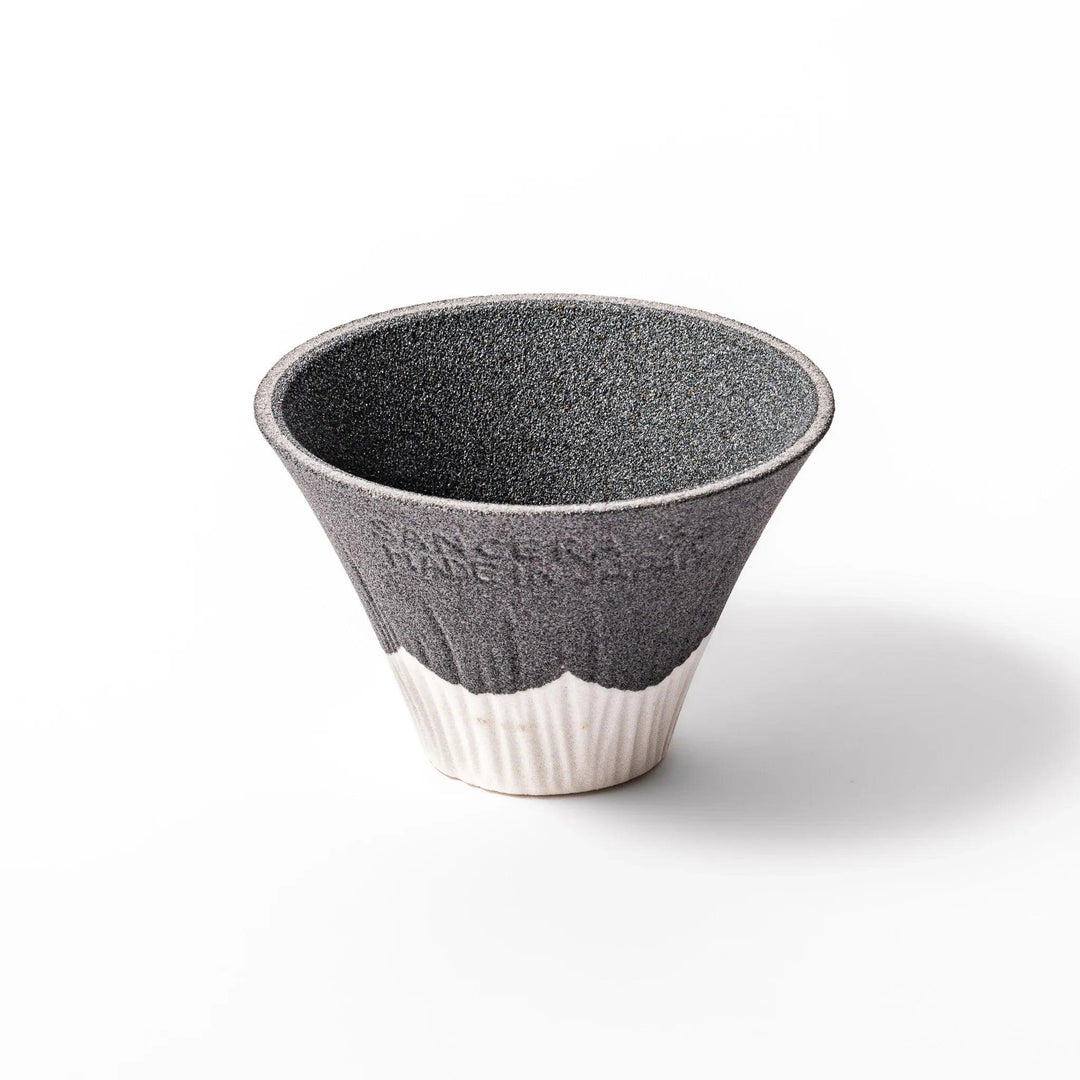 Black Mount Fuji ceramic coffee filter with snowy peak handcrafted in Japan for stylish pour over brewing.